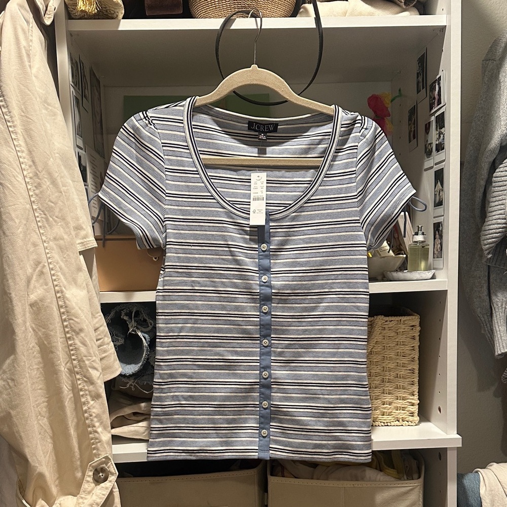 J. Crew Blue and White Striped Button-Front Scoop Neck Top
